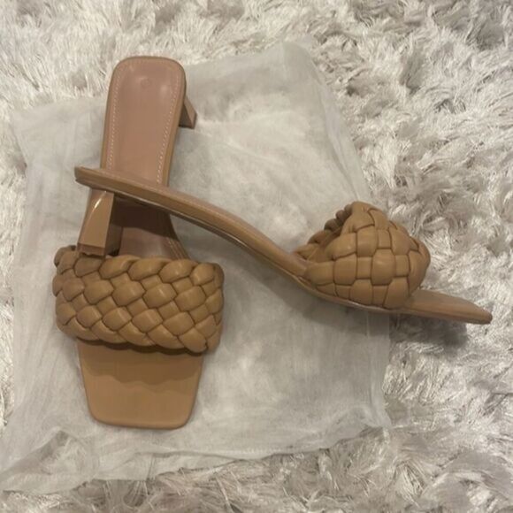 Shoes - Women's Tan‎ Square Toe Woven Strap Slip On Heeled Sandals Size 10